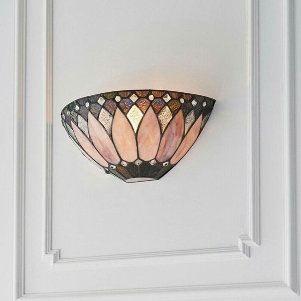 Tiffany Glass Wall Light Cream & Textured Deco Shade Interior Sconce i00241 Loops