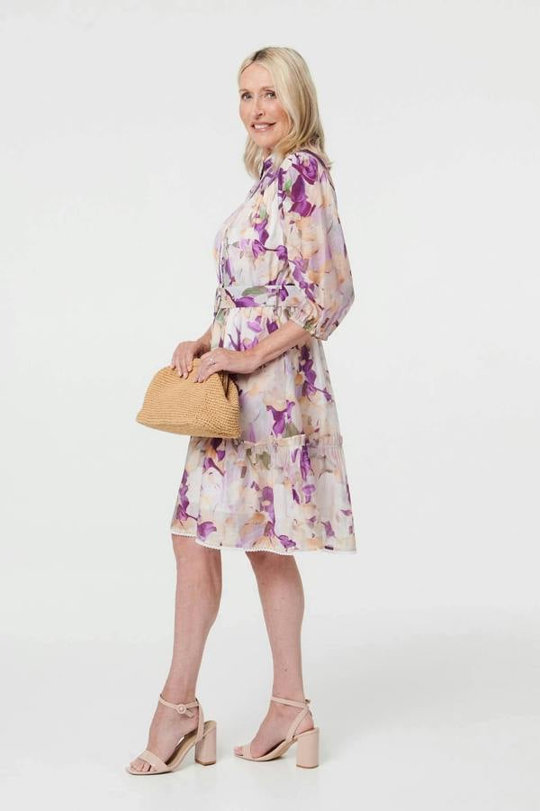 Purple | Floral 3/4 Sleeve Knee Length Dress