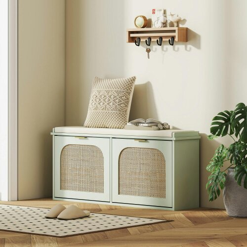 Wyld Haus Rika Wooden Light Green Boho Style Shoe Bench With Cushioned Seat And 2 Flip Drawers