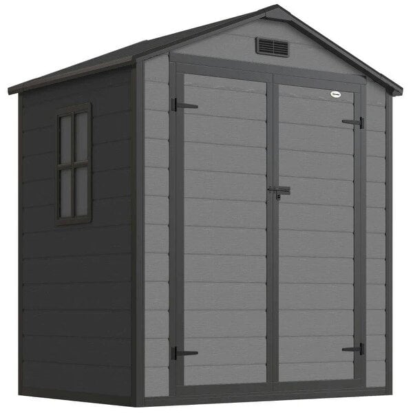 6'x4.5' Garden Storage Shed, Lockable Garden Shed with Double Doors, Window, Vent and Plastic Roof, Dark Grey