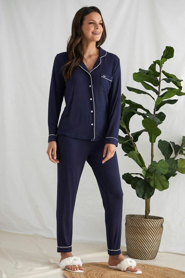 Women's Bamboo Long Pyjama Set in Midnight Blue with revere collar and contrast colour piping from Pretty You London