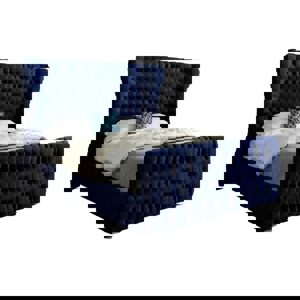 Casa Magna Parma Wide Curved Winged Upholstered Soft Velvet Bed Frame - Blue