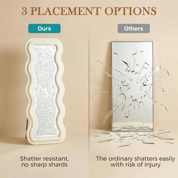Full Length Mirror, 160 x 60 cm Wavy Full Body Wall Standing Mirror with Velvet Frame and LED Light Strip, Cream White