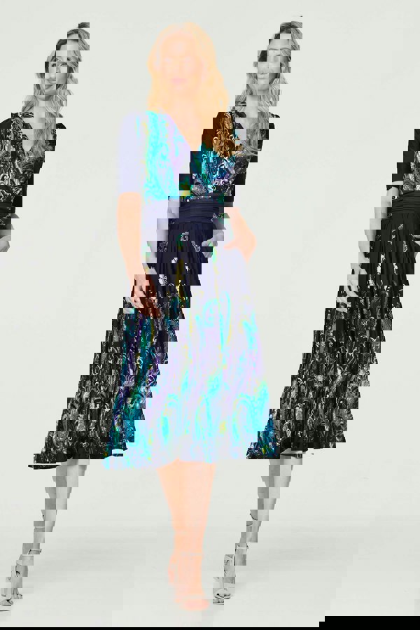 Teal | Printed Ruched Waist Midi Dress