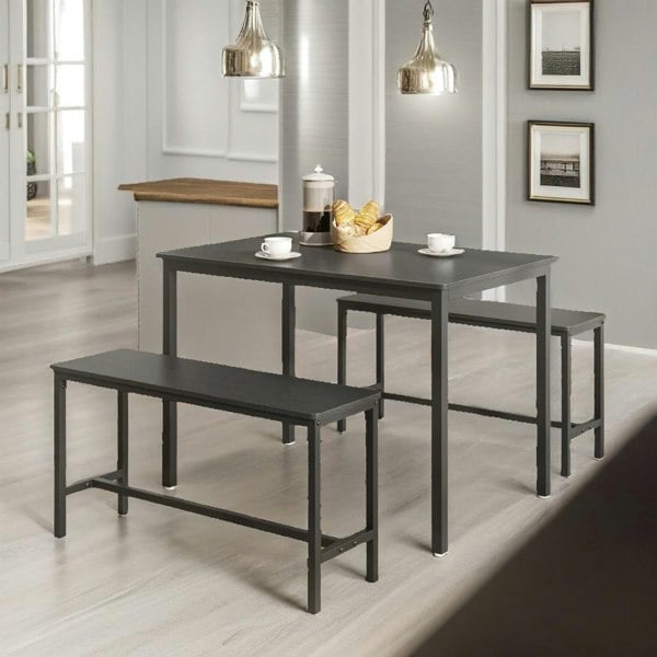 Rafaelo Mobilia Industrial Dining Table Set With 2 Benches Black