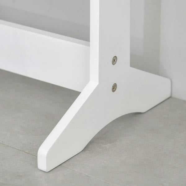 White freestanding LED mirrored jewelry cabinet base with angled legs and stable feet