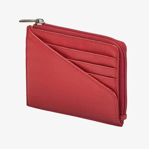Red real leather zip card holder with five card slots 