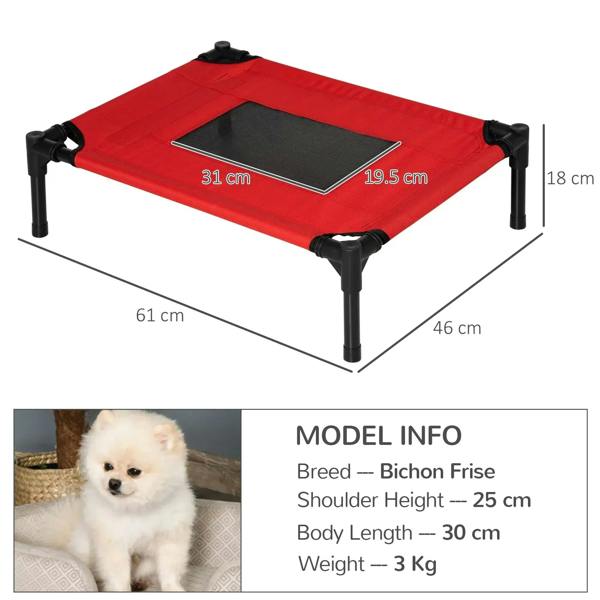 Red raised pet bed on black metal frame with dark mesh insert and corner straps