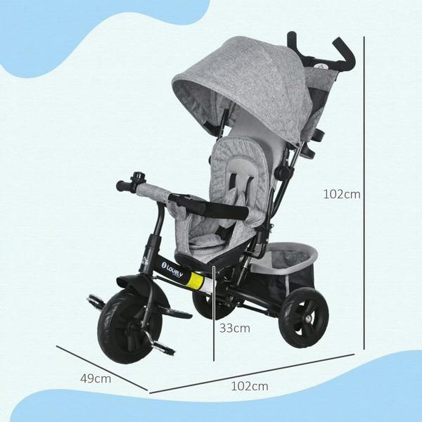 Grey kids trike side view with adjustable canopy, 5-point harness and footrest