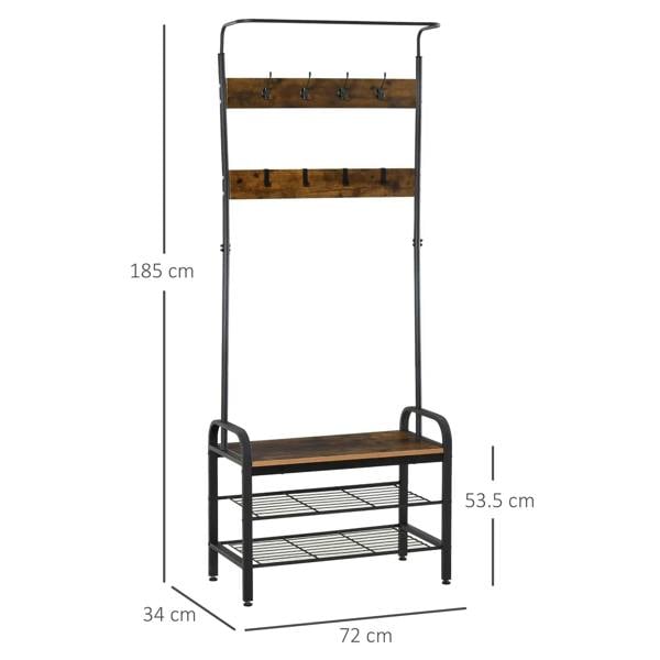 Freestanding coat rack shoe bench with rustic wood top and two wire shoe shelves