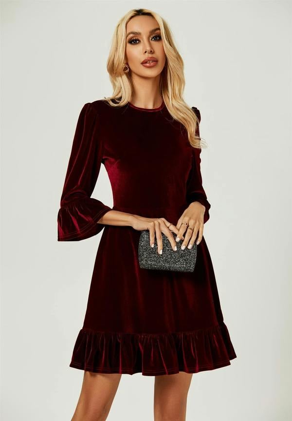 FS Collection Velvet Frill Detail Mini Dress In Wine