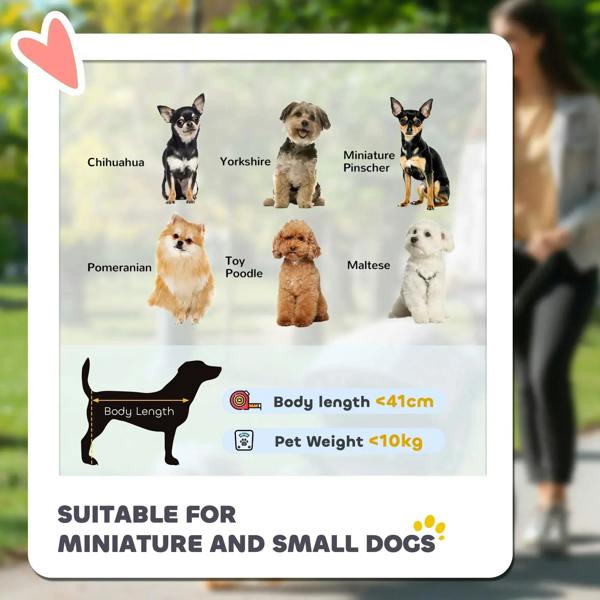 Red and black pet stroller package insert showing small dog suitability graphics