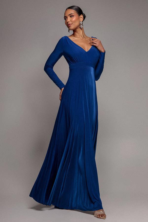 Plunge Neck Long Sleeve A Line Maxi Dress - Royal Blue DR2608