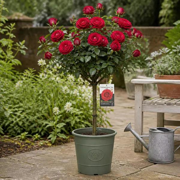 7.5L Standard Rose Tree Red 100-110cm - Classic Flowering Garden Rose Plant - Olive Grey Planter