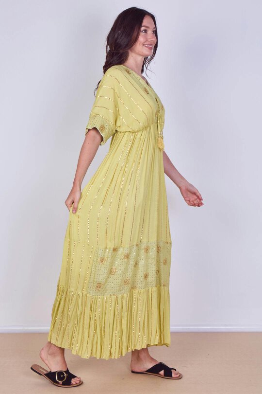Boho Sequin Square Embroidered Maxi Dress