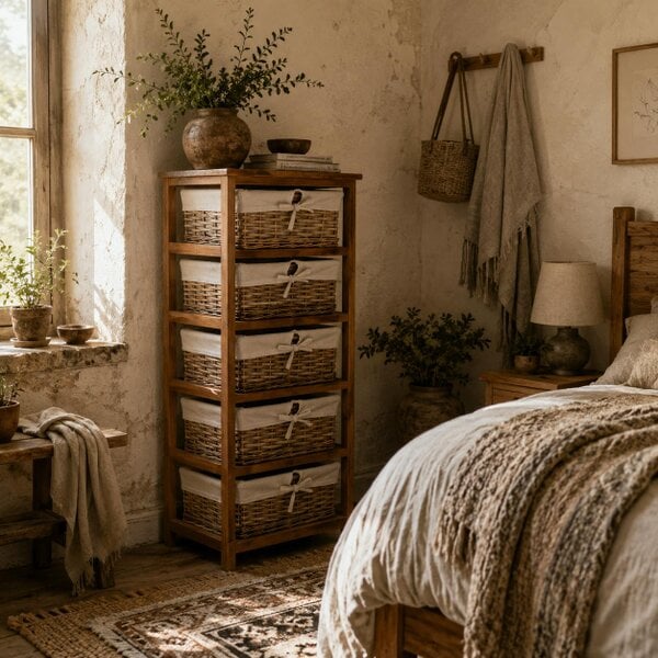 Wyld Haus Yorila Wood Natural Finish 5 Drawer Dresser With Wicker Baskets
