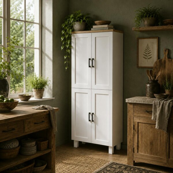 Wyld Haus Ludo 171cm Wooden White 4 Door Freestanding Kitchen Pantry Cabinet