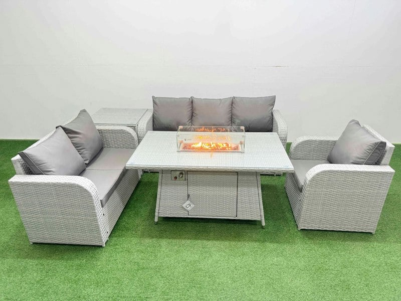 Fimous 6 Seater Outdoor Rattan Furniture Sofa Sets with Fire Pit Dining Table Reclining Chair Loveseat Sofa 3 Seater Sofa Side Table Light Grey