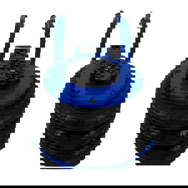 Blue air bag jack with a sturdy carrying handle, featuring a textured rubber surface and a hexagonal base for stability