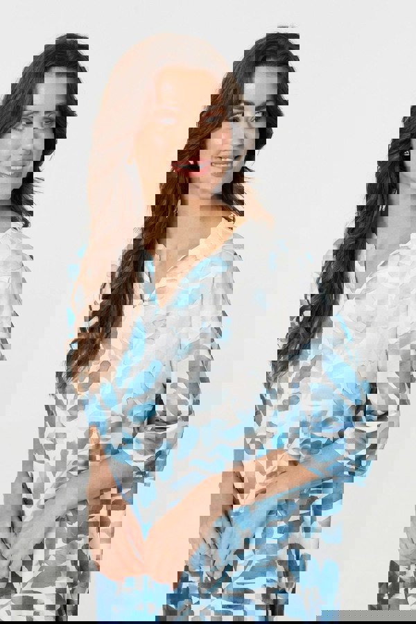 Blue | Leaf Print 3/4 Sleeve Relaxed Shift Dress