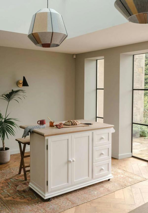Statement Furniture Shire Breakfast Bar White Kitchen Storage Trolley with Oak Top Extendable Rolling Kitchen Island