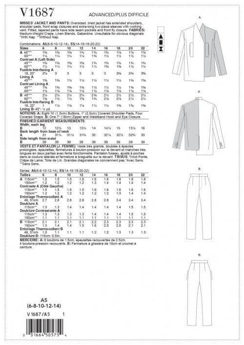 Vogue Sewing Pattern 1687, Jackets, Trousers, Suits for Women, A5 (6-8-10-12-14) - Advanced