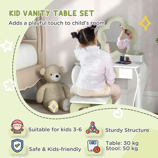 Kids vanity table set with flower-shaped mirror, white tabletop, and stool for play