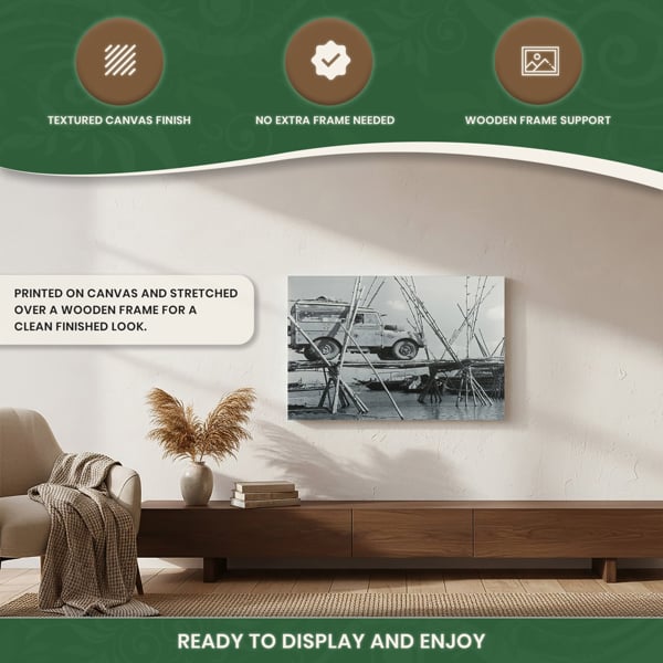 Series 1 Land Rover Crossing a Bamboo Bridge Canvas Print, Circa 1955 Oxford and Cambridge Challenge Scene, 60 x 40 cm
