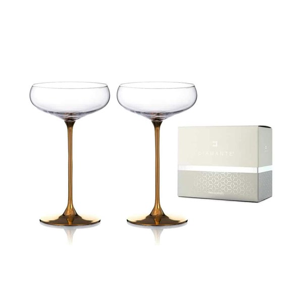 Diamante Elegance Champagne Saucers with Gold Stems - Set of 2