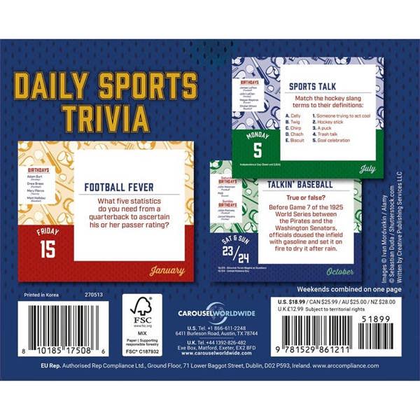 Daily Sports Trivia Desk Calendar 2027, Desk Calendars, Day To View, Sports, Gift
