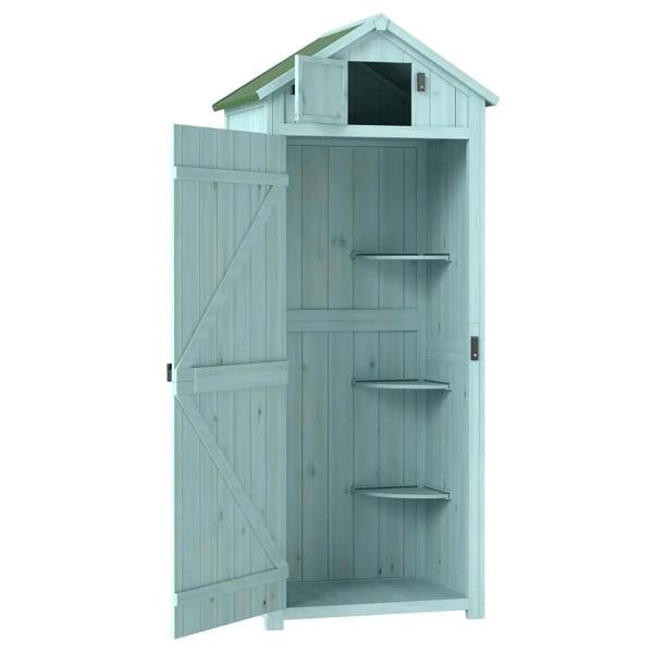Blue wooden outdoor utility shed with open door and three interior shelves for storage