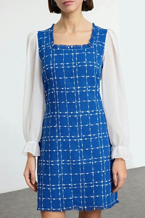 WOVCOR Tweed Argyle A-Line Mini Woven Dress with Chiffon Sleeve Detail