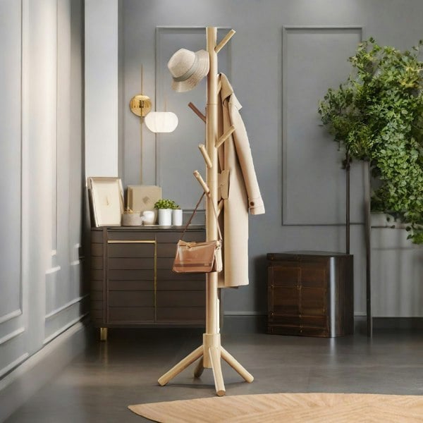 Rafaelo Mobilia Wooden Coat Stand Stand With 8 Hooks Natural Brown