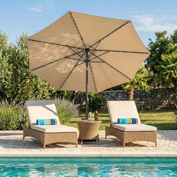 Jardi LED Tilt Parasol 2.7m With Tilt Base – Beige