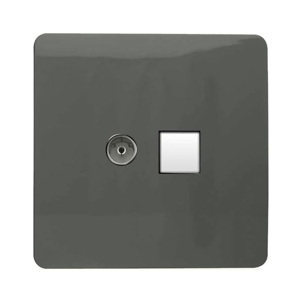 Trendi Switch 2 Gang Female TV Co-Axial & Telephone Slave Sockets in Charcoal Grey