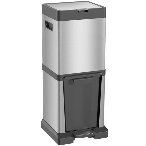 Silver 34L double-compartment kitchen bin with soft-close lid and foot pedal