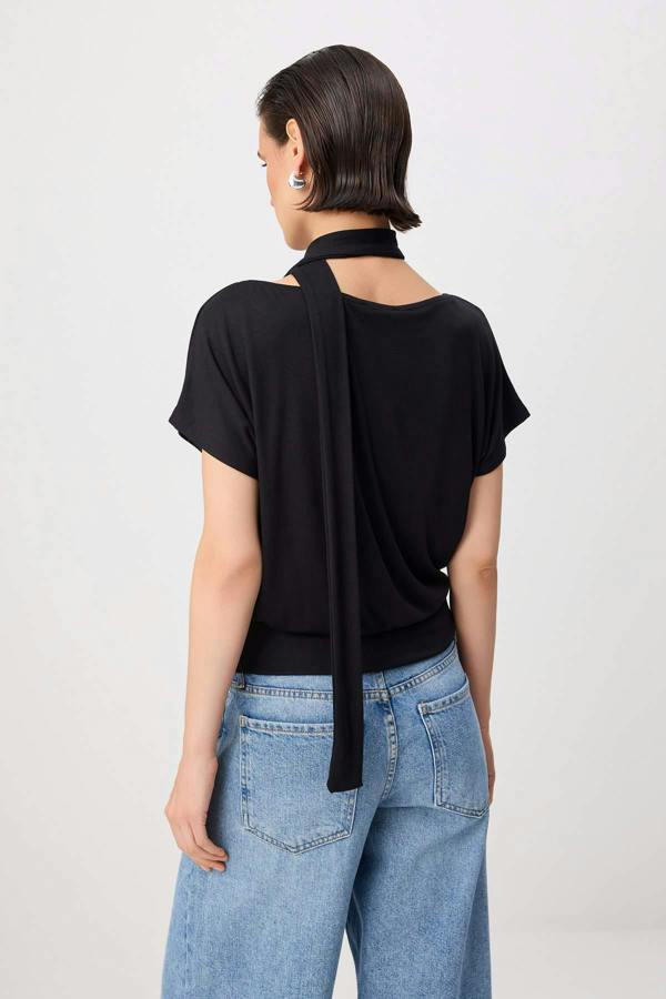 WOVCOR Boat Neck Batwing Sleeve Belted Knit Blouse