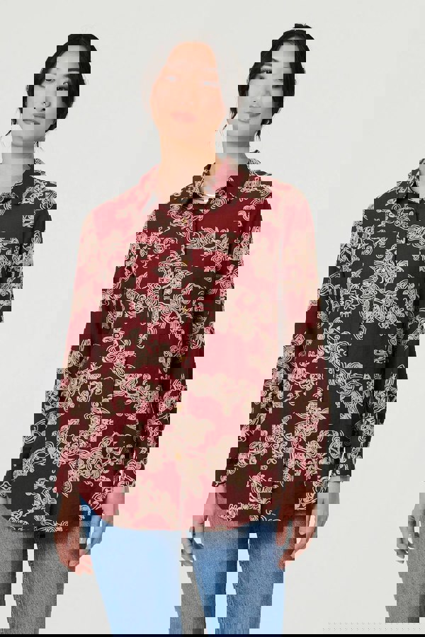 Burgundy | Floral Embroidered Long Sleeve Blouse
