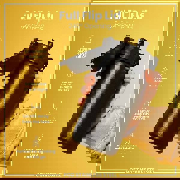 A black, stainless steel water bottle with a 240° opening flip lid is held in a hand against a yellow background. Full Flip Lid, 240° Opening. POD STAINLESS STEEL.