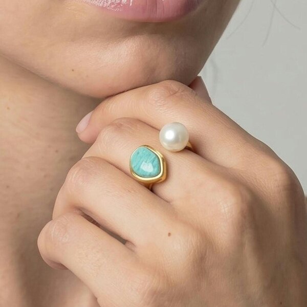 Uchi & Soto Shinju Pearl and Amazonite Stone Ring