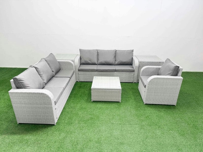 Fimous 7 Seater Rattan Outdoor Garden Furniture Square Coffee Table Sofa Set Patio 3 Seater Sofa Reclining Chair 3 Seater Sofa 2 Side Table Light Grey