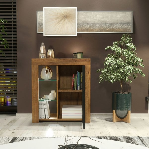Mex Furniture Modern Sideboard 75cm – Oak Matt Body & Black Matt Door – Glass Shelves with Free LED