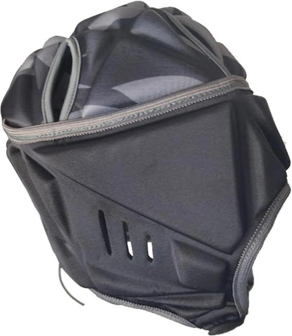 Black Optimum rugby headguard top-rear view showing padded panels, ear vent slots and grey trim, on white - Optimum