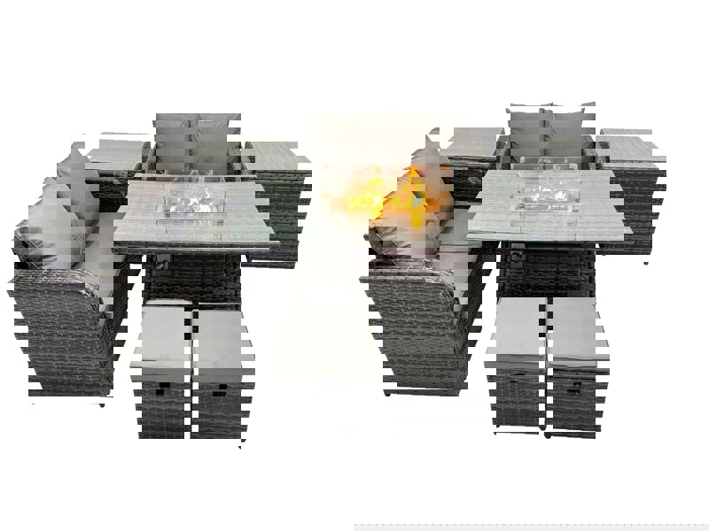 Fimous 6 seater Patio Gas Firpit Dining Table Sofa Sets Rattan Garden Furniture Dining Set with 2 Side Tables 2 Small Stools Dark Grey Mixed