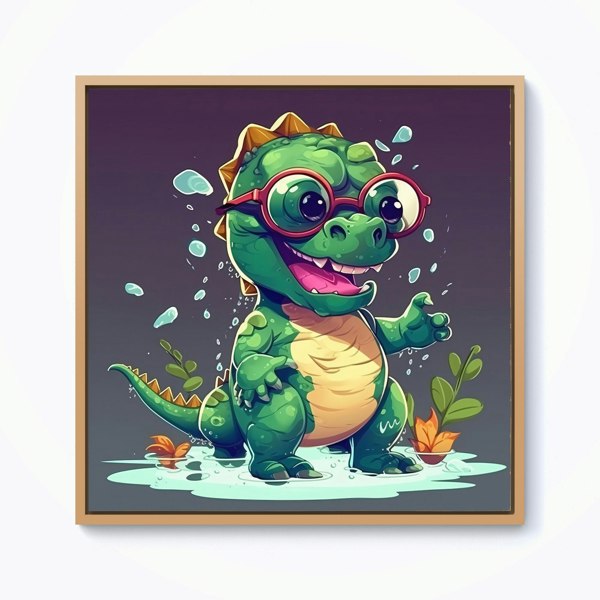 Warren Reed Happy Dino In A Puddle Framed Canvas