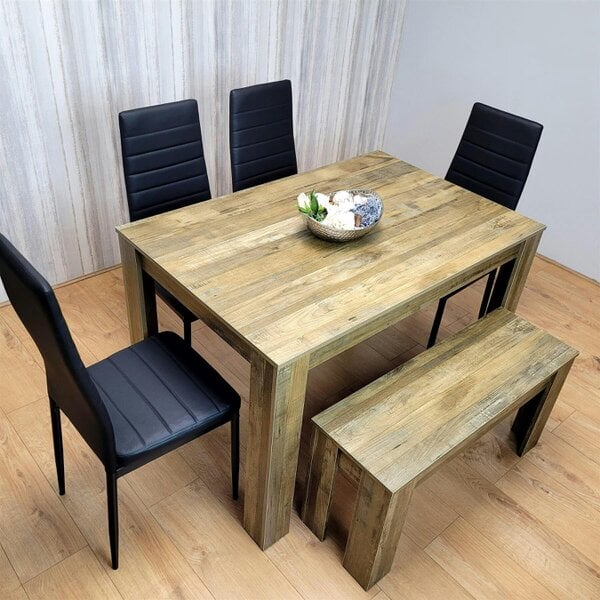 Kosy Koala Dining Table Set for 6 ? Rustic Wood Table with 4 Black Chairs and 1 Bench