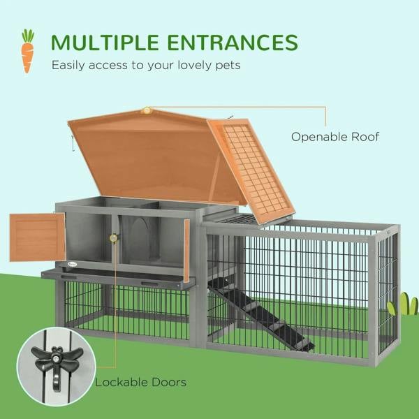 Light grey rabbit hutch with multiple access doors and openable roof