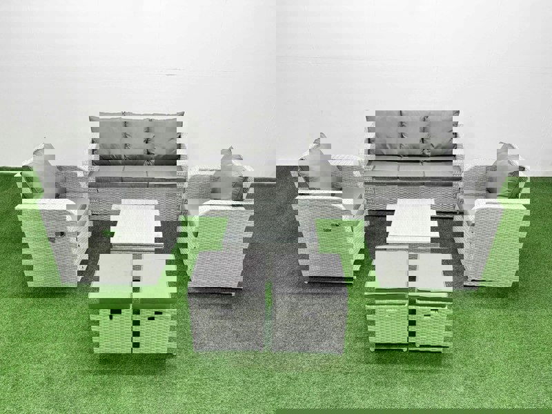 Fimous PE Rattan Garden Furniture Set Reclining Chair Sofa Lounge Sofa Set Square Coffee Table 2 Small Stools Light Grey