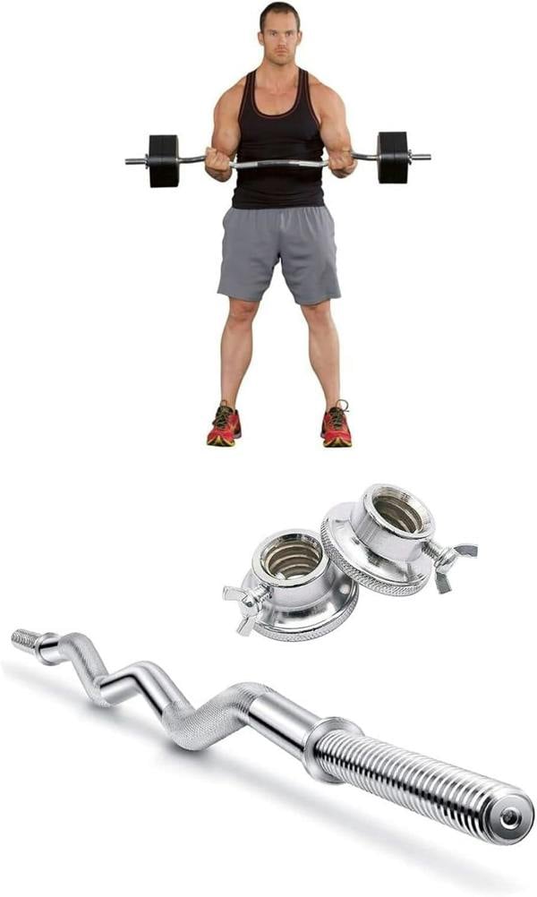 4FT EZ Curl Bar Standard Steel Chrome Barbell Anti-Slip Grips and Spinlock Collars for Weightlifting, Bodybuilding Strength Training