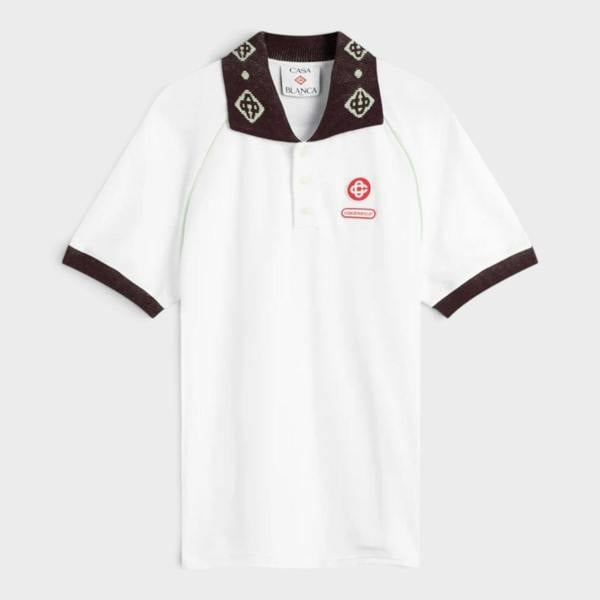 Casablanca Textured Pique Chenille Collar Raglan Polo White